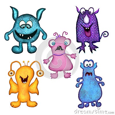 Fun Colorful Monsters Set of Five Stock Photo