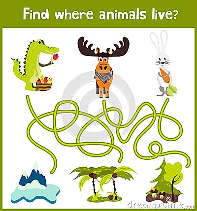 Fun and colorful puzzle game for children's development find where a deer, striped Chipmunk and fish. Training mazes for preschool Cartoon Illustration