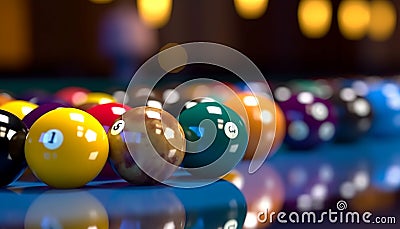 Fun, colorful snooker game indoors with blue and yellow spheres generated by AI Stock Photo