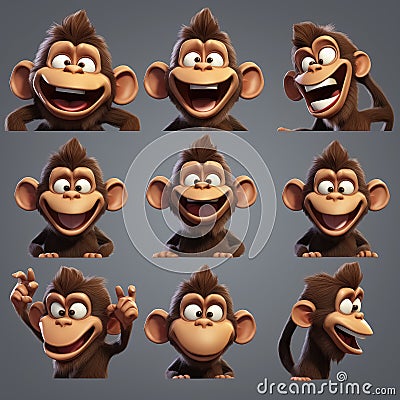 Fun cute emotional monkey set with different smiles. Cartoon animal, various emotions concept. Generative AI Stock Photo