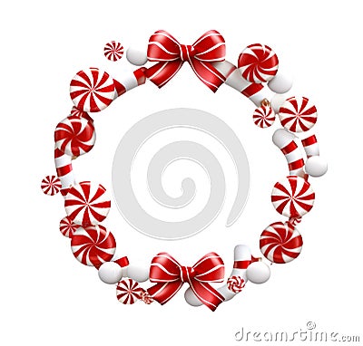 Fun cute festive Christmas holiday candy cane peppermint wreath garland with red bows on white background Cartoon Illustration