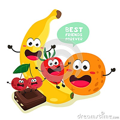 Fun and cute fruits combined with chocolate, cherry, strawberry, banana and orange. Quote in bubble. Best friends forever. Vector Vector Illustration