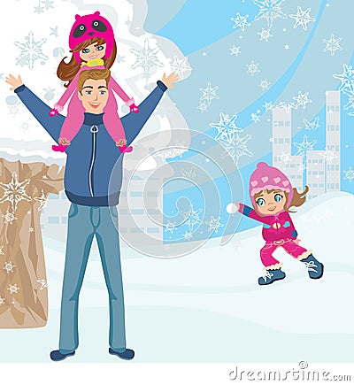 Fun with dad in the snow Vector Illustration