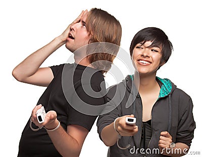 Fun Diverse Couple Playing Video Game Stock Photo