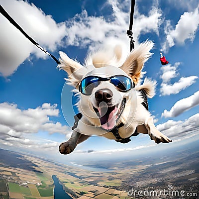 Fun dog parachuting - ai generated image Stock Photo