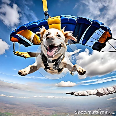 Fun dog parachuting - ai generated image Stock Photo