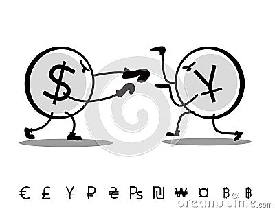 Fun drawn currencies are fighting each other. Dollar attacks Yuan Vector Illustration