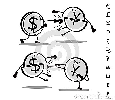 Fun drawn currencies are fighting each other. Fight Dollar and Yuan Vector Illustration