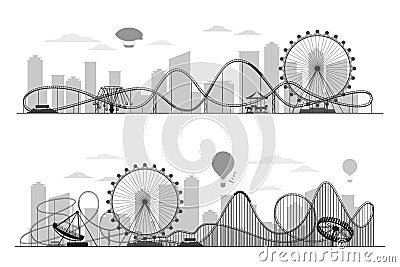 Fun fair amusement park landscape silhouette with ferris wheel, carousels and roller coaster Vector Illustration
