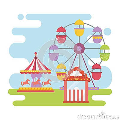 Fun fair carnival ferris wheel carousel ticket booth recreation entertainment Vector Illustration