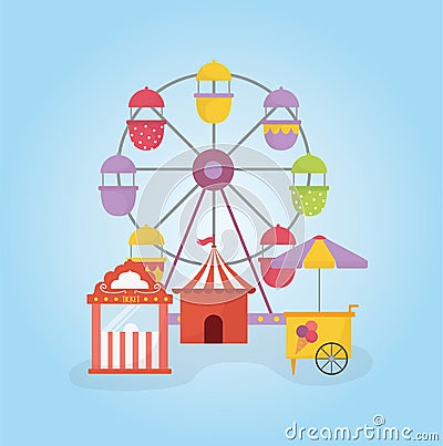 Fun fair carnival ferris wheel tent ticket booth and ice cream recreation entertainment Vector Illustration