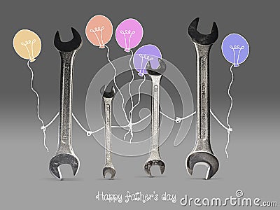 A fun family of tools with heart balon for fathers day. Stock Photo