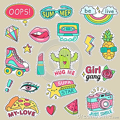 Fun fashion teenage stickers. Cute cartoons patches for teenager. Sticker pack vector illustration set Vector Illustration