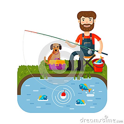 Fun fisherman catches fish. Fishing rod. Cartoon flat style. Vector illustration Vector Illustration