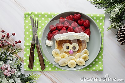 Fun food for kids. Christmas Santa pancake with raspberry and banana for children menu, top view with copy space Stock Photo