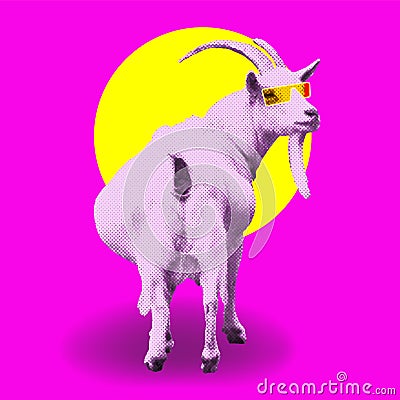 Fun Goat with yellow glasses bright poster collage Vector Illustration