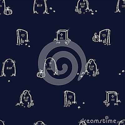 Fun hand drawn halloween seamless pattern with ghosts, graveyard, pumpkins - great for textiles, banners, wallpapers, wrapping - Vector Illustration