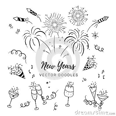 Fun hand drawn New Years Party doodles - firework, paper streamers, cocktails and rockets , great for banners, wallpapers, Vector Illustration