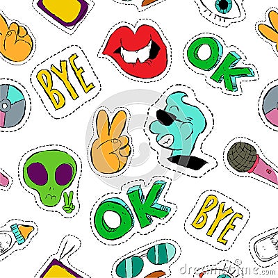 Fun hand drawn patch icon seamless pattern Vector Illustration