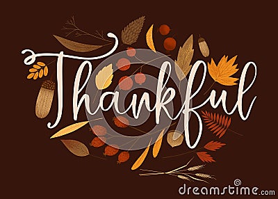 Fall Foliage Thankful Lettering Card Cartoon Illustration