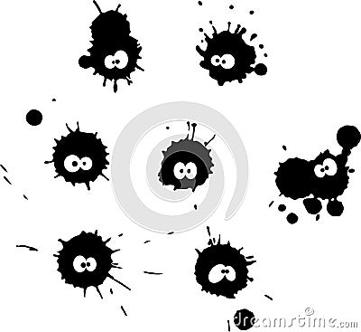 Fun ink blot collection, isolated, black drops on white background. Comic style, blots with eyes Vector Illustration