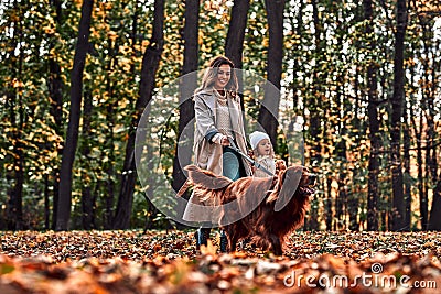 Fun jaunt. Mom and daughter walk in the autumn park with a dog Stock Photo