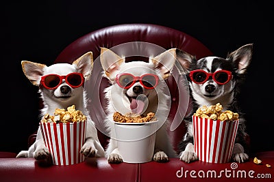 Fun and joy in the home: three Chihuahuas dogs get ready for an afternoon at the movies,Generative AI Stock Photo