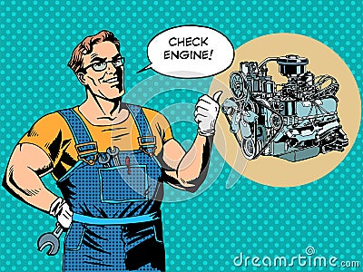 Fun mechanic check engine repair car Vector Illustration