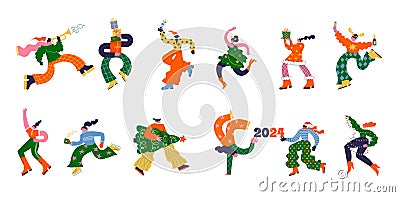 Fun Merry Christmas and Happy New Year collection of groovy, hippie bizarre disproportionate characters, wearing Santa Cartoon Illustration