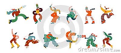 Fun Merry Christmas and Happy New Year collection of groovy, hippie bizarre disproportionate characters, wearing Santa Vector Illustration