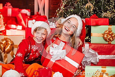 Fun in motion. family values for children. cosy winter evening together. small kids friends have fun. santa helpers Stock Photo