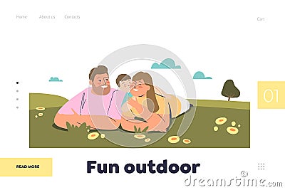 Fun outdoor concept of landing page with happy family couple lying on grass with little son Vector Illustration