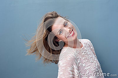 Fun portrait of an excited beautiful woman smiling Stock Photo