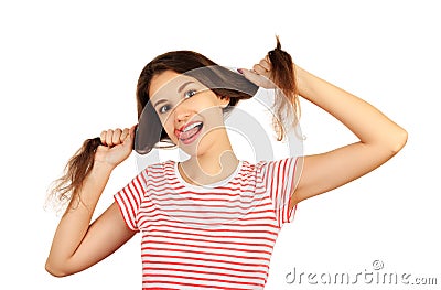 Fun prank joy entertainment concept. Silly girl playing with hairs. emotional girl isolated on white background Stock Photo