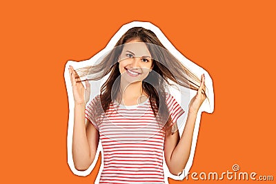 Fun prank joy entertainment concept. Silly girl playing with hairs. emotional girl Magazine collage style with trendy color Stock Photo