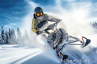 Fun ride on a snowmobile in deep snow. Outdoor sports activity during winter vacation Stock Photo