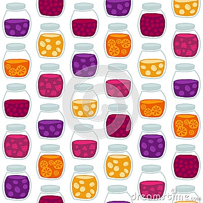 Fun seamless pattern with the colorful fruit jam jars. Vector Illustration