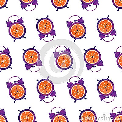 Fun seamless pattern with oranges and alarm clocks. Breakfast time. Wake up. Good morning. Vector Illustration