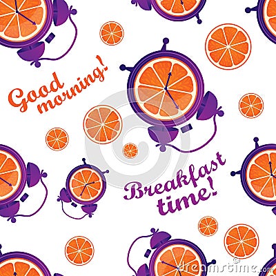 Fun seamless pattern with oranges and alarm clocks. Breakfast time. Wake up. Good morning. Vector Illustration