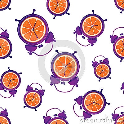 Fun seamless pattern with oranges and alarm clocks. Breakfast time. Wake up. Good morning. Vector Illustration