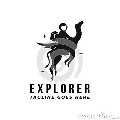 Fun space explorer logo vector, astronaut ride flying camel, astronomy astronaut logo icon vector template Vector Illustration