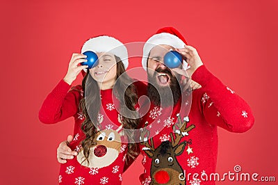 Fun time. Holly jolly christmas. Inspired for celebration. Winter decorations concept. Christmas tradition. Father hug Stock Photo