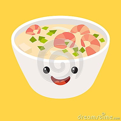 Fun Tom kha kai vector cartoon character. Cute Tom Yum Kung Thai spicy soup's faces with shrimp, japanese food Vector Illustration