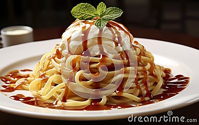 Fun twist on an Italian dish of spaghetti servico with ice cream sauce. Stock Photo