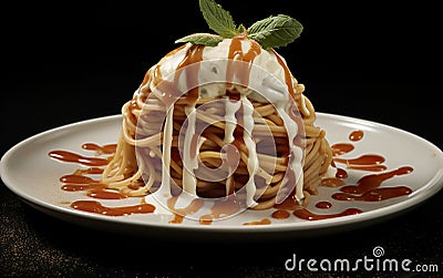 Fun twist on an Italian dish of spaghetti servico with ice cream sauce. Stock Photo
