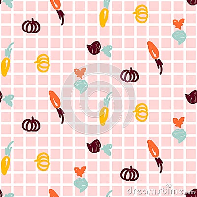 Fun vegetable seamless vector pattern hand drawn sketch style on checkered pink background. Vector Illustration