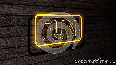 Fun yellow color neon fluorescent tubes signs on wooden wall. 3D render, illustration, poster, banner. Inscription, concept on Cartoon Illustration