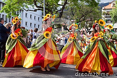 Funchal, Madeira - April 20, 2015: Dancers perform during of Flower parade at the Madeira Island, Portugal Editorial Stock Photo