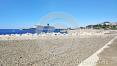 Funchal, Madiera port. Cruise ship departing. Editorial Stock Photo