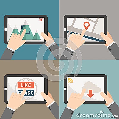 Function of tablet on the hand flat design Vector Illustration